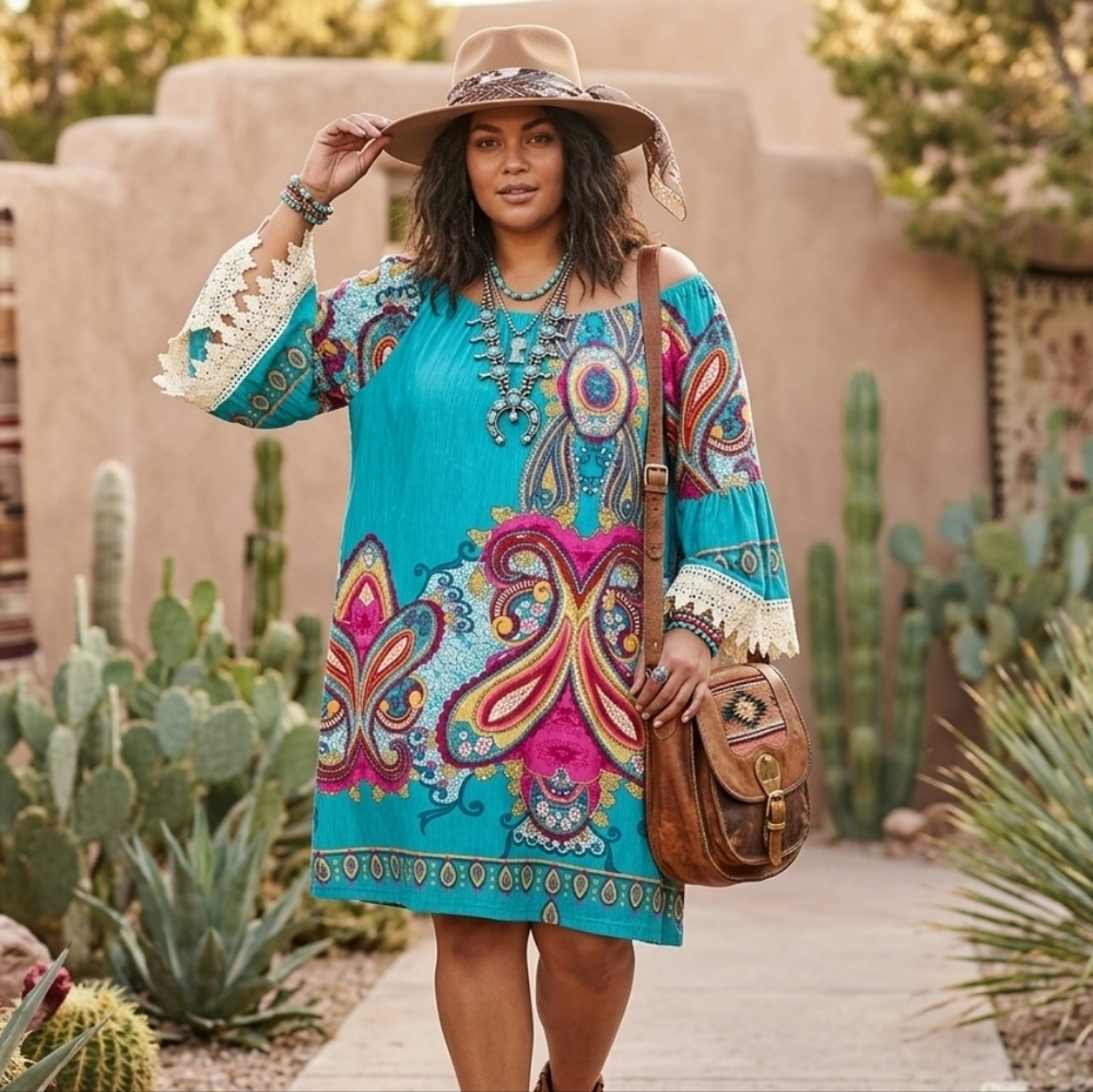 Boho Paisley Bell Sleeve Tunic Dress Teal Crochet Lace Trim Festival Retro XL 2X